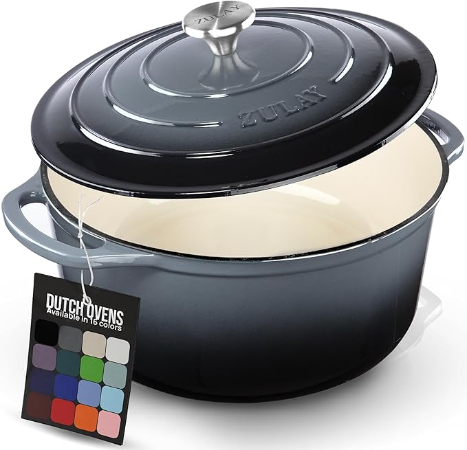 Zulay Kitchen 7.7 Quart Enameled Cast Iron Dutch Oven Pot with Lid ??Premium Durability & Oven Safe up to 500째F ??Heavy Duty Cookware Perfect for Bread Baking, Stews, Braising & Roasting ??Gray