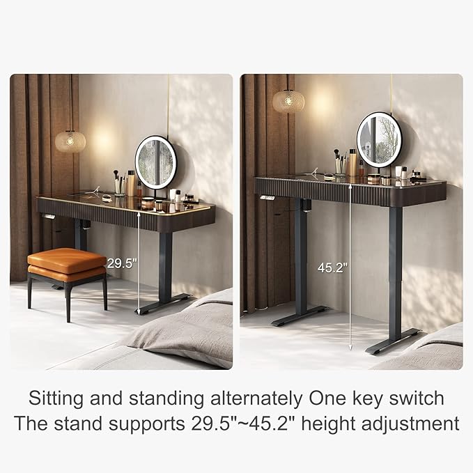 Lartis Vanity Table with Stool,Electric Lift Vanity Desk,Vanity Set竊똗p and Down Desk, Standing Vanity with Drawer (Black Brown, 50 in)