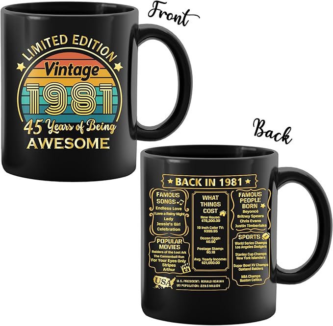 QUPT 45th Birthday Gifts for Women Men, 45th Birthday Gifts for Him, 1981 Birthday Gifts for Women Men, 45 Years Old Gifts, 1981 Birthday Gifts for Her Him, 45th Birthday Presents Coffee Mug