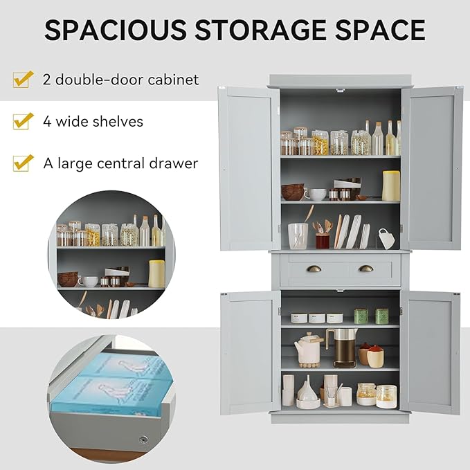 72" Kitchen Pantry Storage Cabinet, Freestanding Cupboard with 2 Cabinets, Drawer and Adjustable Shelves, Tall Storage Cabinet for Kitchen, Dinning Room, Living Room (Light Grey)