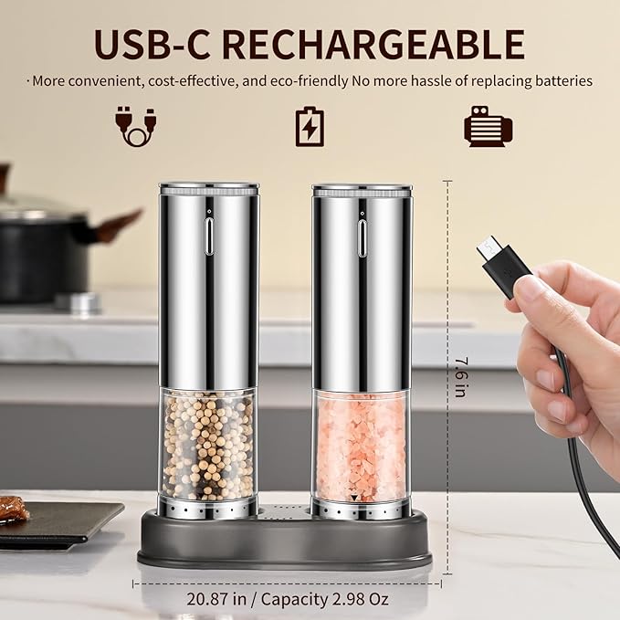 Electric Salt and Pepper Grinder Set Automatic Refillable Salt and Pepper Grinders with LED Light Pepper Grinder Kitchen Gadgets Adjustable Coarseness,One Handed Operation, Large Capacity