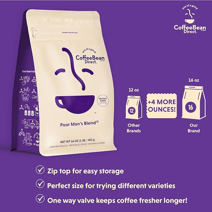 Coffee Bean Direct Poor Man's Blend짰, Whole Bean Coffee, Medium Roast, 1 Pound Bag (Pack of 1)