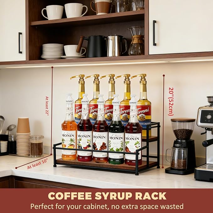 Coffee Syrup Rack Organizer - Metal Bottle Holder for 10 Bottles ??Rustic Countertop Display Shelf for Coffee Bar, Kitchen Cabinet, Pantry Storage for Syrups, Liquor, Spice, Tea & Wine (2-Tier)