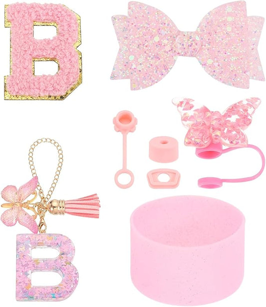 uxcell 8Pcs Cup Accessories Set for Cup Tumbler with Handle, Including Silicone Straw Cover, Boot, Spill Proof Stopper, Handle Charm, Initials Sticker(Letter B, Pink)