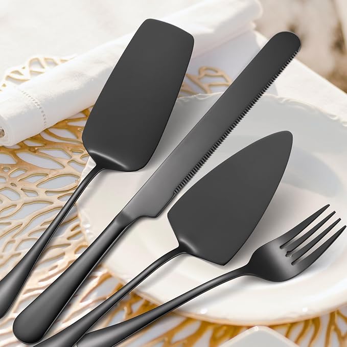 A 쨌 HOUSEWAR Black Flatware Serving Set 7 Piece Stainless Steel Catering Utensils include Soup Ladle Large Slotted Spoon Big Server Fork12??Cake Knife Pizza Spatula Parties Buffet