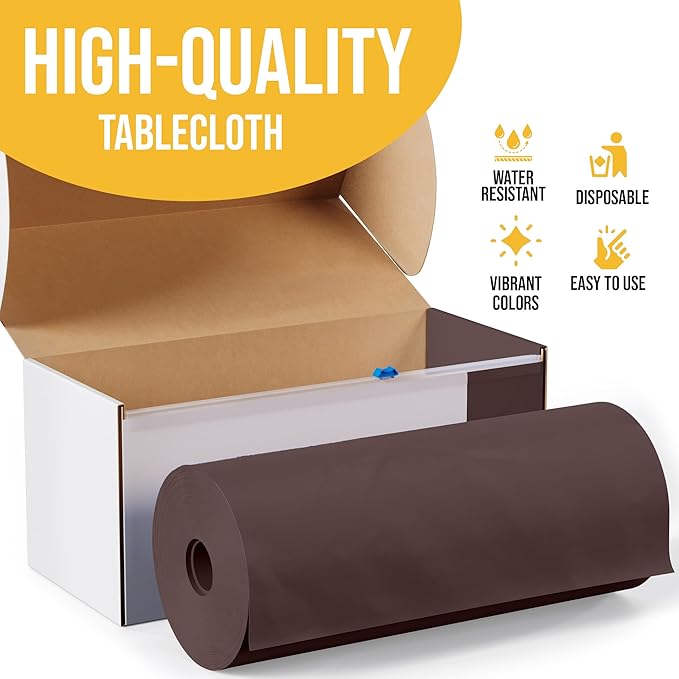 Party Solids 54 Inch X 300 Feet Brown Plastic Table Cover Roll in A Cut - to - Size Box with Convenient Slide Cutter. Cuts Up to 36 Rectangle 8 Feet Plastic Disposable Tablecloths