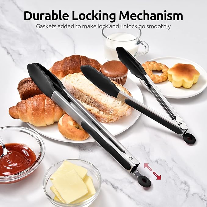 600쨘F Heat Resistant Kitchen Tongs: U-Taste 9+12 inch Silicone Cooking Tong Set with Firm Sealed Non Stick Rubber Tips and Silicon Coated 18/8 Stainless Steel Handle for Serving Grilling Salad (Black)