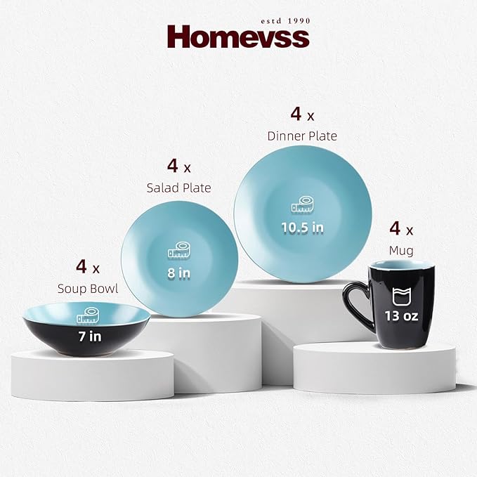 Stoneware Two-Tone Colors Life 16pc Dinner Set竊?Outside Shiny Black + Inside Matte Glaze Turquoise