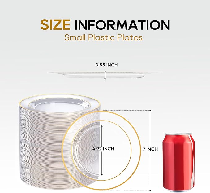 FOCUSLINE 7 Inch Small Clear Gold Plastic Plates 100 Count, Disposable Heavy Duty Clear Plates with Gold Rim, Premium Hard Plastic Plate Fancy Disposable Salad Plate for Wedding Parties