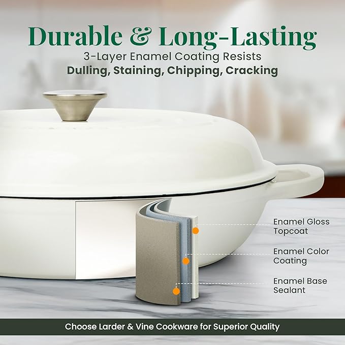 Larder & Vine Enameled Cast Iron Braiser | 3.6 qt Braiser Pan with Lid | Shallow Dutch Oven Compatible on All Cooktops | Casserole Dish Oven Safe to 500째 F | Dual Handles | White