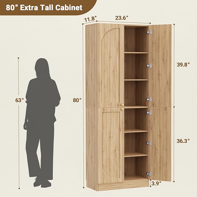 Cyclysio 80" Kitchen Pantry, Extra Tall Arch Storage Cabinet with 4 Doors and Adjustable Shelves, Freestanding Wood Cupboard with Seamless Fit Wall for Dining Living Room Bathroom Furniture (Natural)