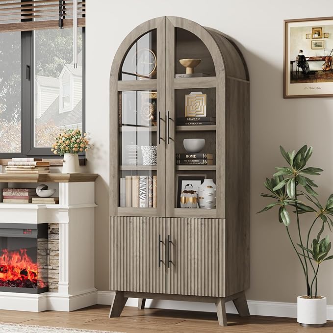 QUW 71" Modern Fluted Display Cabinet, Fluted Arched Pantry Cabinet, Tall Kitchen Storage Pantry with Adjustable Shelf, Storage Cabinet for Living Room, Dining Room, Grey