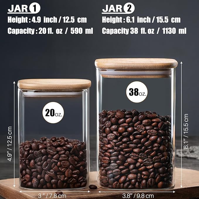 6 Pack Glass Food Storage Jars with Airtight Lids, Clear Glass Jar with Bamboo Lid, Airtight Food Canister for Tea, Candy, Coffee, Sugar, Cookie, Snack. (Square| 5+6 Inch) SET of 3