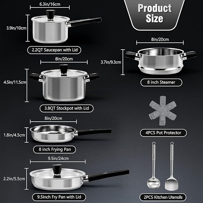 14Pcs Kitchen Pots and Pans Set, Stainless Steel Cookware Set Non Toxic, Induction Cooking Pot and Pan Set with Stay-Cool Handles, Healthy PFAS, PFOA, PFOS Free, Dishwasher Safe