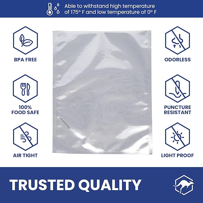 Wallaby 50 Count 1-Pint Mylar Bags with Labels, 10 Mil Total Thickness Long-Term Food Storage Pouches, 6x8 Heat-Sealable Airtight Packaging - Silver