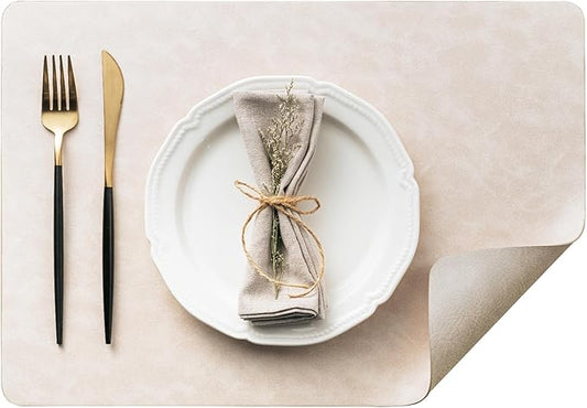 DOLOPL Placemats Set of 8 Reversible Dual-Color Table Placemats ?밐eat Resistant Wipeable & Washable Place Mats, Luxury Faux Leather Table Mats for Vintage Dining Table Decor (Beige&Light Grey)