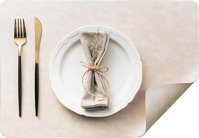 DOLOPL Placemats Set of 4 Reversible Dual-Color Table Placemats ?밐eat Resistant Wipeable & Washable Place Mats, Luxury Faux Leather Table Mats for Vintage Dining Table Decor (Beige&Light Grey)