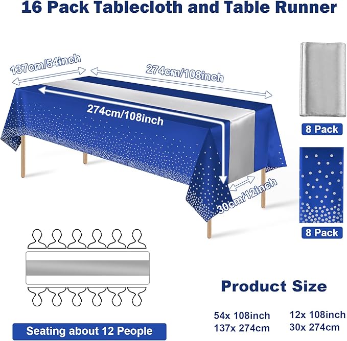 16Pack Disposable Plastic Tablecloths and Satin Table Runner Set Blue and Silver Dot Tablecloth Silver Satin Table Runner for Wedding Birthday Baby Shower Anniversary Christmas New Year Party Supplies