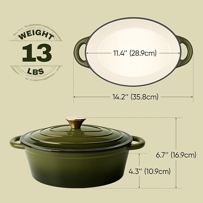 Vintage Style Oval Dutch Oven for Bread Baking, 4.5 Quart Non Stick Enameled Cast Iron Dutch Oven Pot with Lid, Oven Safe Oval Casserole with Lid up to 500째F for Baking, Braising, Stews, Roasting, Golden Green
