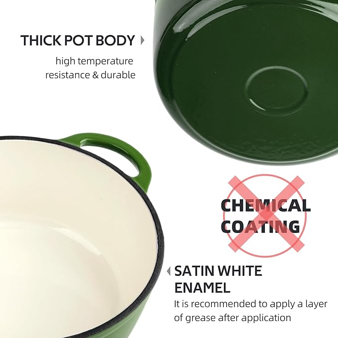 3 Quart Dutch Oven Enameled Cast Iron with Lid - Big Dual Handles - Oven Safe up to 500째F - Classic Round Pot for Versatile Cooking Green