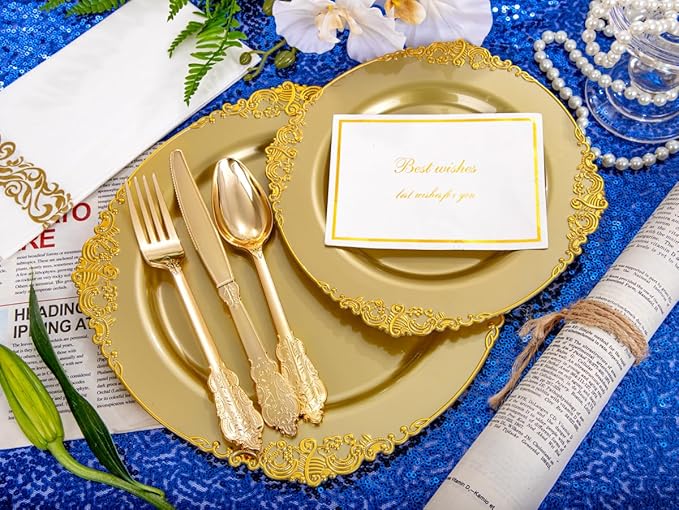 Morejoy 175PCS Solid Gold Plastic Plates with Gold Rim竊똤old disposable dinnerware sets Include 25 Dinner Plates,25 Dessert Plates,25 Cutlery Sets,25 Napkins Perfect for Party & Christmas
