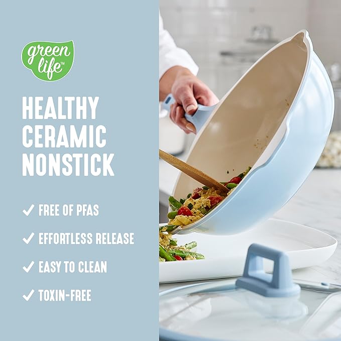 GreenLife Nonstick 12??(5QT) All in One Deep Skillet Wok with Lid, PFAS-Free Non-Toxic Ceramic Multi-Purpose Pan, Induction, All Stovetop, Egg, Stir Fry, Saute, Stay Cool Handle, Blue Haze
