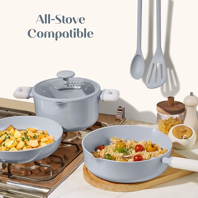 CAROTE Pots and Pans Set Nonstick, Ceramic Cookware Set, Blue Cooking Set Kitchen Induction Set with Steamer, PFAS PTFE Free,9 Piece
