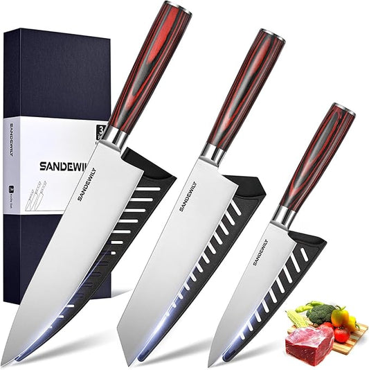 3-Piece Professional Chef Knife Set - Ultra Sharp Japanese Knives with High Carbon Stainless Steel Blades, Ergonomic PakkaWood Handles, and Sheaths in Gift Box for Home or Restarant