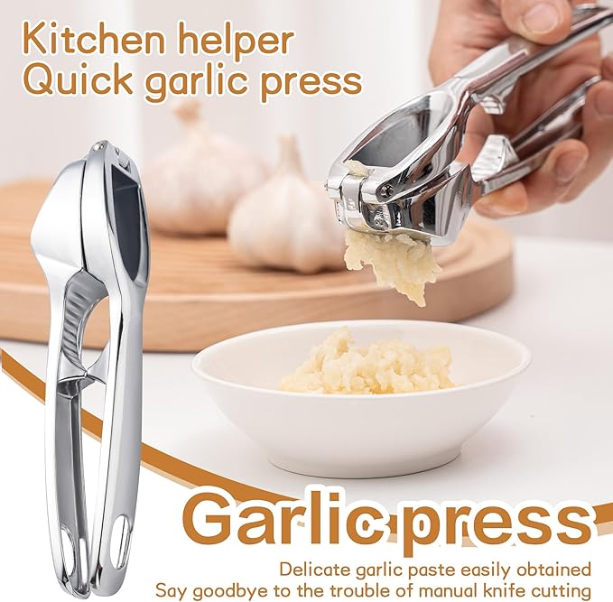 Kitchen Premium Garlic Press - Zinc Alloy Garlic Press effortlessly crushes garlic cloves, ginger chunks, nuts, and seeds. Comfortable to use and dishwasher safe.