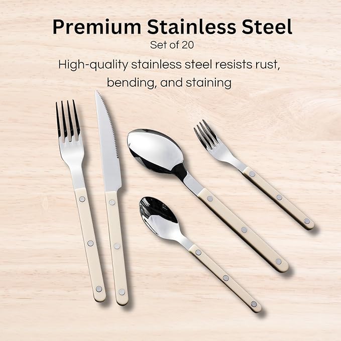 Khen Cutlery Set of 20, 18/8 Stainless Steel Flatware, Modern Silverware for Home, Kitchen, Dining & Table Setting for 4 ??Stainless Steel, Dishwasher Safe, Lightweight & Ergonomic Design Gift - Cream