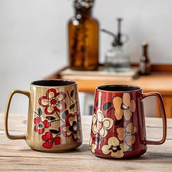 Extra Large Tall Coffee Mugs with Handle - Set of 2, 24 oz Ceramic, Dishwasher & Microwave Safe, Flower Design