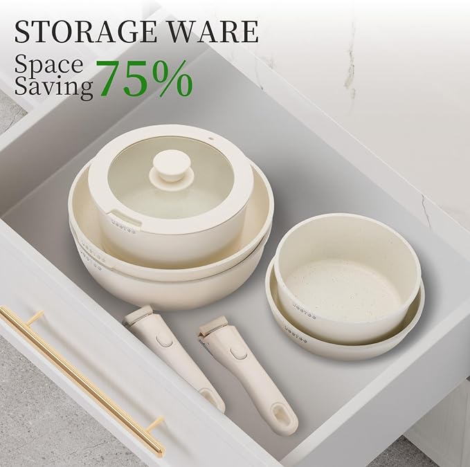 JEETEE Pots and Pan Set Non Stick 20 Pcs, Cookware Set Detachable Handle, RV Kitchen Cooking Set Removable Handles, Stackable Non-stick Set, Oven Safe, Beige