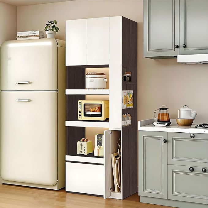LINLIUA 71'' Tall Kitchen Pantry Cabinet, Wood Pantry Storage Cabinet with Doors, 3 Pull-Out Shelves and Drawer, Modern Slim Kitchen Hutch for Dining Room Small Space
