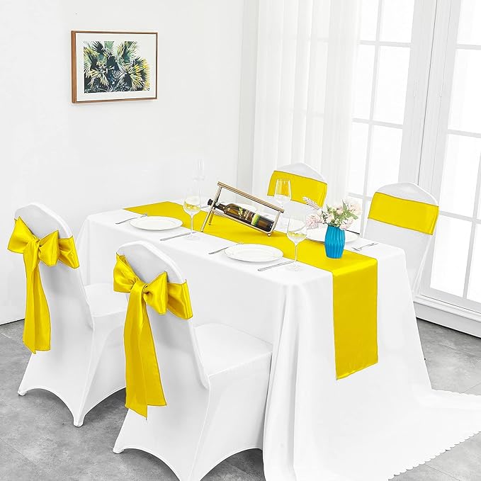 10-Pack Yellow Satin Table Runner 12 x 108 Inch Long Bright and Smooth Silk Fabric Table Runner for Wedding Banquet Birthday Party Decoration