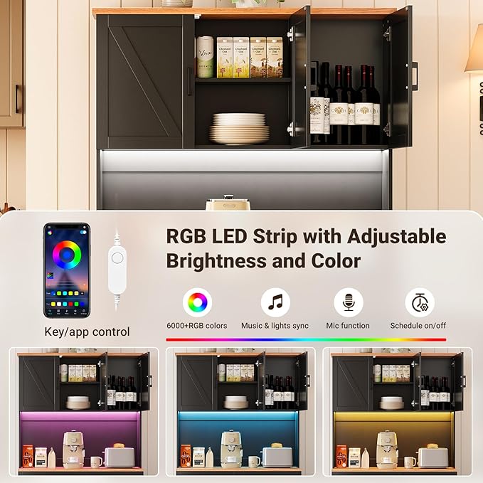 ELYKEN 71" Pantry Cabinet with Charging Station & LED Lights, Tall Kitchen Pantry with Hutch, Microwave Stand, Farmhouse Pantry with Door Shelf & Drawer & Adjustable Shelf for Dining Room, Black