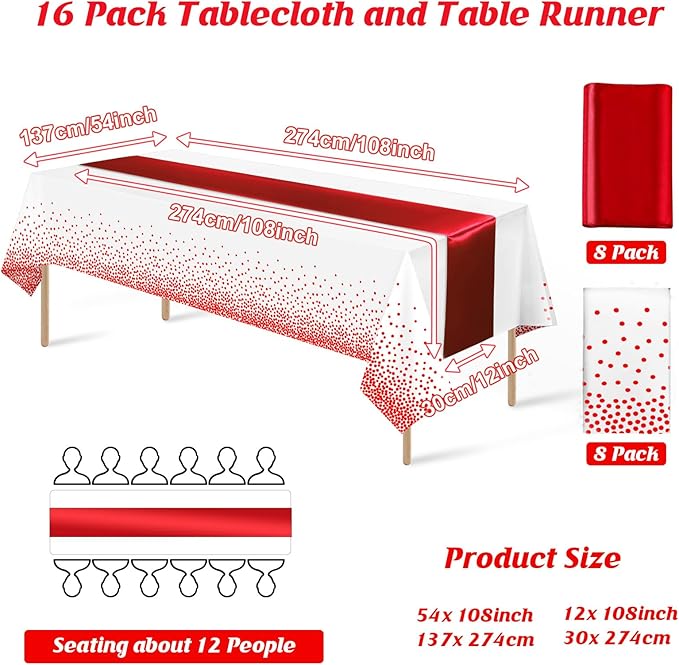 16Pack Disposable Plastic Tablecloths and Satin Table Runner Set White and Red Dot Tablecloth Red Satin Table Runner for Wedding Birthday Baby Shower Anniversary Christmas New Year Party Supplies