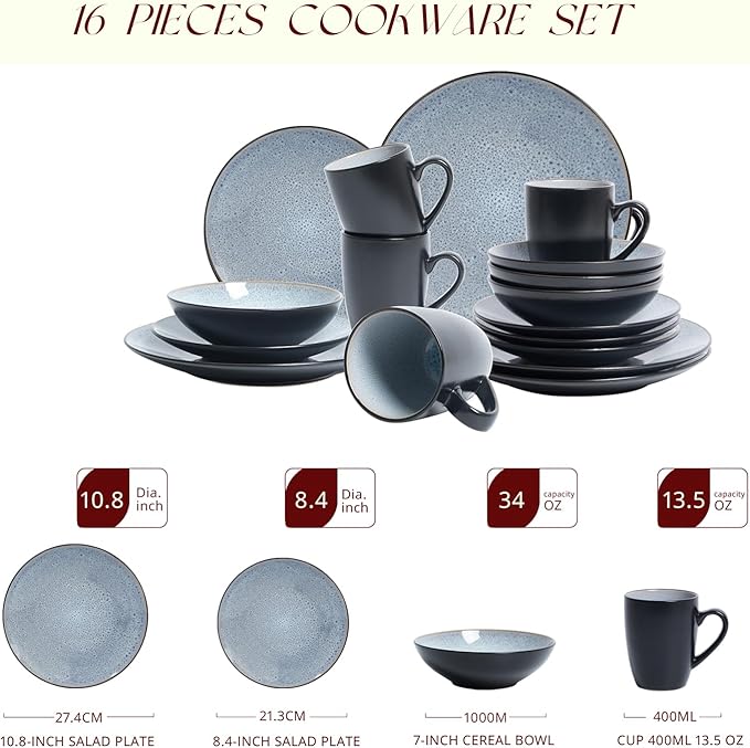Stoneware Dinner Set Reactive Glaze (16pc Set, Grey)