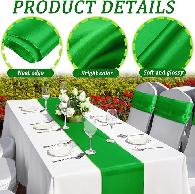 Bencailor 24 Pcs Emerald Green Satin Table Runner Bulk 12 x 108 Inches Long Table Runners Bright Smooth Fabric Tablecloth for Wedding Banquet Birthday Valentines St Patrick's Day Party Decorations