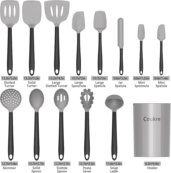 Coukre Silicone Kitchen Cooking Utensils Set with Holder ??Heat-Resistant, Food-Grade Kitchen Tools, Spatula, Spoon & Gadgets for Non-Stick Pans, Dishwasher Safe (14, Gray)