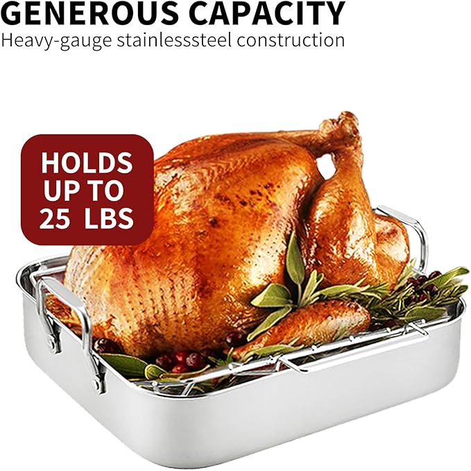 16.5inch Roasting Pan with U-Shape Rack - Stainless Steel Large Turkey Roaster Pan for Turkey, Chicken, Ham Roaster with V-Shaped Baking Rack Heavy Duty Dishwasher Safe, Hold up to 22LB