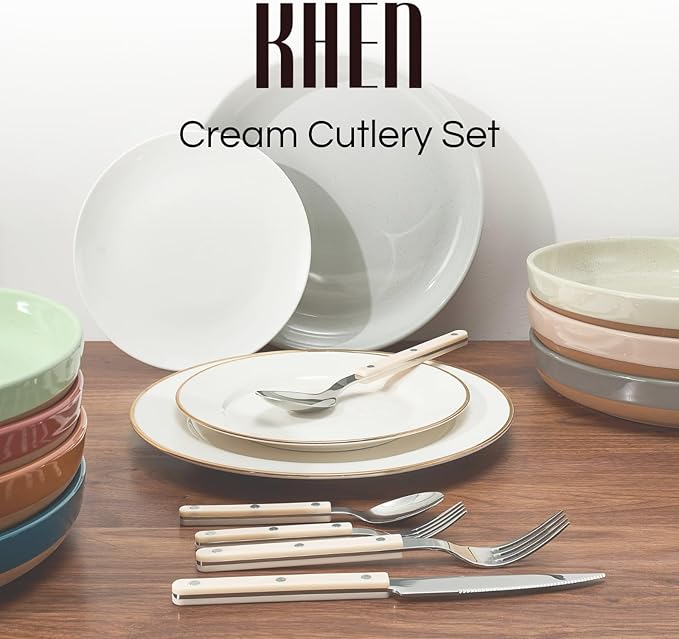 Khen Cutlery Set of 20, 18/8 Stainless Steel Flatware, Modern Silverware for Home, Kitchen, Dining & Table Setting for 4 ??Stainless Steel, Dishwasher Safe, Lightweight & Ergonomic Design Gift - Cream