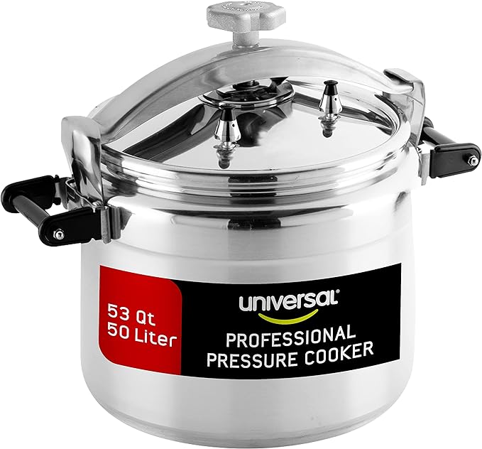 Universal (Extra Large) 53-Quart Aluminum Pressure Cooker for Professional Use ??Commercial-Grade, 2 Safety Valves, Reinforced Handles, Easy-Open Lid, ??Ideal for Large Kitchens, and Restaurants
