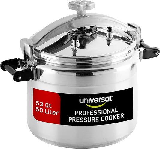 Universal (Extra Large) 53-Quart Aluminum Pressure Cooker for Professional Use ??Commercial-Grade, 2 Safety Valves, Reinforced Handles, Easy-Open Lid, ??Ideal for Large Kitchens, and Restaurants