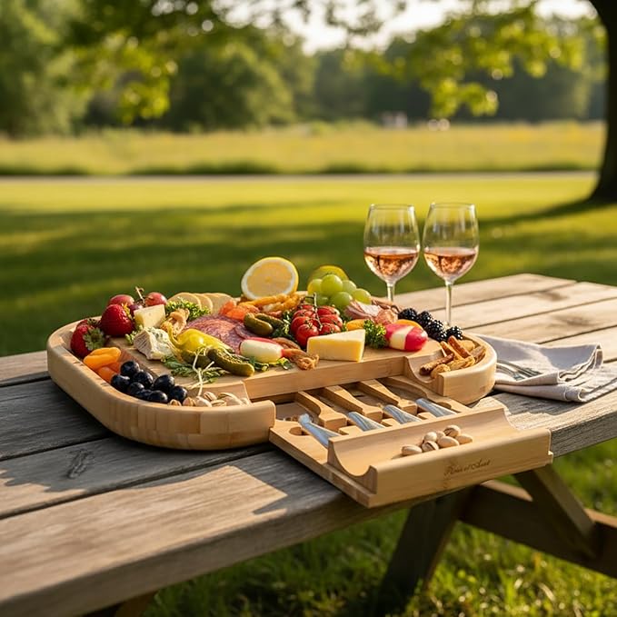 Picnic at Ascot Bamboo Cutting Board for Cheese & Charcuterie with Knife Set & Cheese Markers- Designed & Quality Checked in The USA