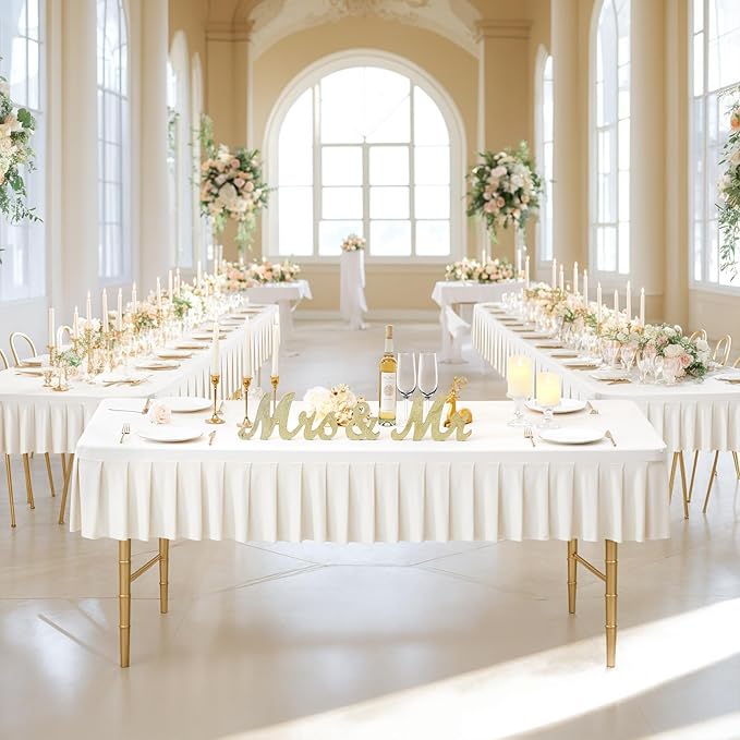 Wish Care 2 Pack Ivory Spandex Table Clothes for 6 Foot Rectangle Tables Wrinkle Free Stretch Fitted Tablecloths 6ft Pleated Ruffle Elastic Table Cover Skirt for Wedding Birthday Banquet Home Party
