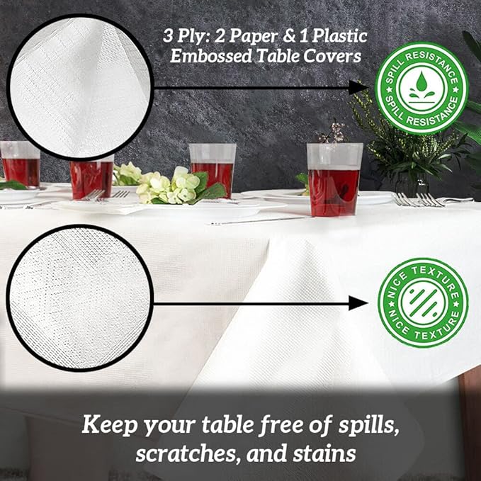PARTY BARGAINS Disposable Table Covers, 54 x 108 Inch, White, 3-Ply Paper & Plastic Spill-Resistant Party Tablecloths, 40 Pack