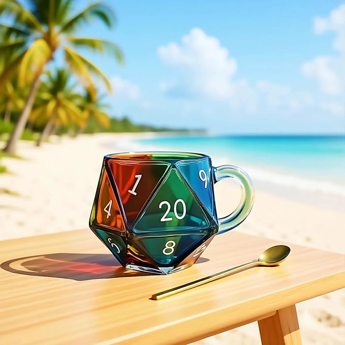 Dlin Rainbow D20 Dice Glass Coffee Mug - Heat-Resistant Transparent with Ergonomic Handle, Leak-Proof & Multi-Functional Gaming Mug for RPG/Board Game Lovers, Perfect Fantasy Themed Gift (Rainbow-1PC)