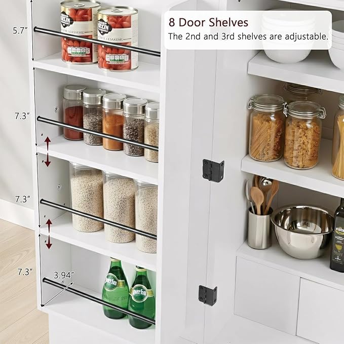72" Tall Arched Kitchen Pantry Cabinet with 8 Door Shelves and Hidden Drawer, Fluted Storage Cabinets with 3 Adjustable Shelves, Versatile Cupboard for Kitchen (White)