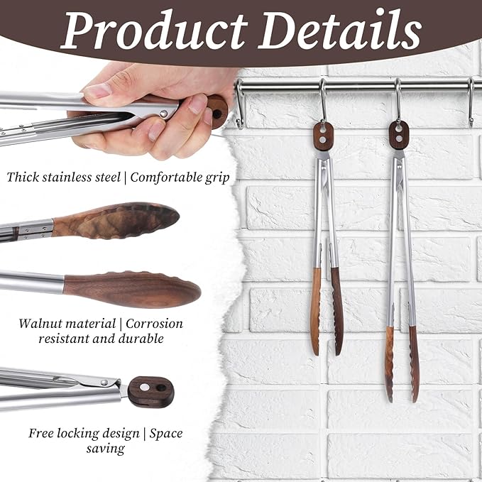 12 & 15 Inch Long Wooden Tongs for Cooking & Serving Food, Kitchen Stainless Steel Salad Tongs with Walnut Wood Tip, Smooth Locking & Hanging Cooking Utensils Set, Non-Slip, Heat Resistant, Pull Lock
