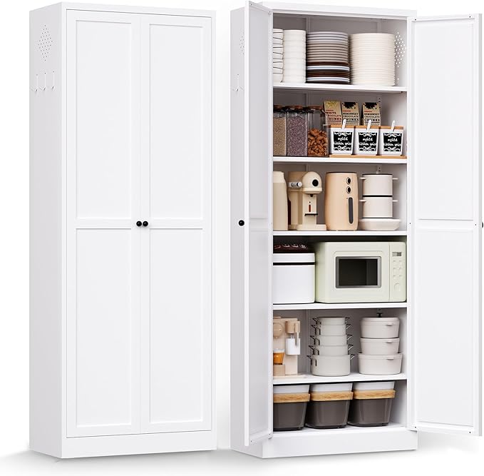 72" H White Steel Pantry Storage Cabinet with 5 Adjustable Shelves, 6-Tier Tall Metal Cabinets for Kitchen, Living Room, Garage, Heavy Duty Freestanding Utility Cabinet, Assembly Require